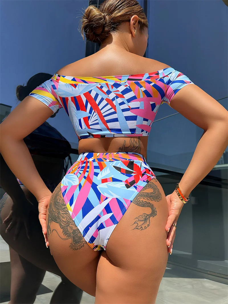 Stripe Print Bikini Set High Waist Women Swimsuit 2024 Swimwear Short Sleeves Biquini Sexy Drawstring Bathing Suit