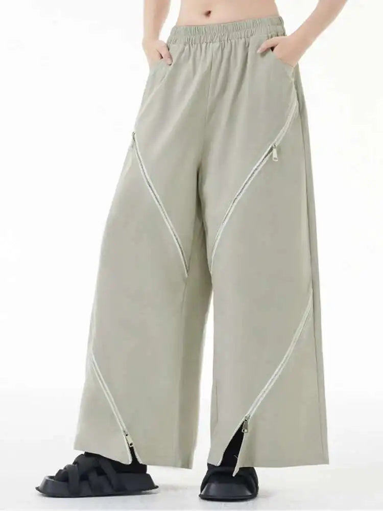 High Elastic Waist Gray Zipper Irregular Wide Leg Pants New Loose Fit Trousers Women Fashion Spring Autumn 2025 1DH3451