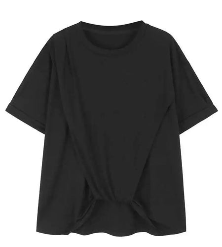 Women Black Irregular Pleated Big Size Casual T-shirt New Round Neck Shhort  Sleeve Fashion Spring Summer 2025 1DH5712