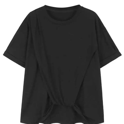 Load image into Gallery viewer, Women Black Irregular Pleated Big Size Casual T-shirt New Round Neck Shhort  Sleeve Fashion Spring Summer 2025 1DH5712
