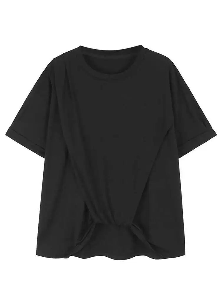 Women Black Irregular Pleated Big Size Casual T-shirt New Round Neck Shhort  Sleeve Fashion Spring Summer 2025 1DH5712