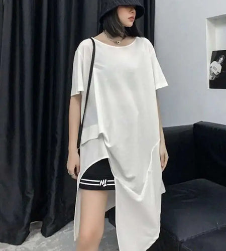 Women Black Asymmetric Hem Casual Big Size T-shirt New Round Neck Short Sleeve Fashion Tide Spring Summer 2025 1DF4786