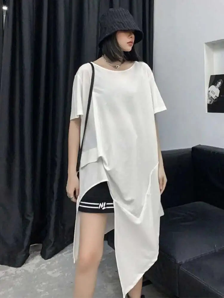 Women Black Asymmetric Hem Casual Big Size T-shirt New Round Neck Short Sleeve Fashion Tide Spring Summer 2025 1DF4786