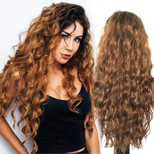 Load image into Gallery viewer, Synthetic 26 Inch Ginger Brown Curly Wig Long Wavy Wigs for Women Ombre Brown Dark Roots Fluffy Wave Hairstyle for Student Girl
