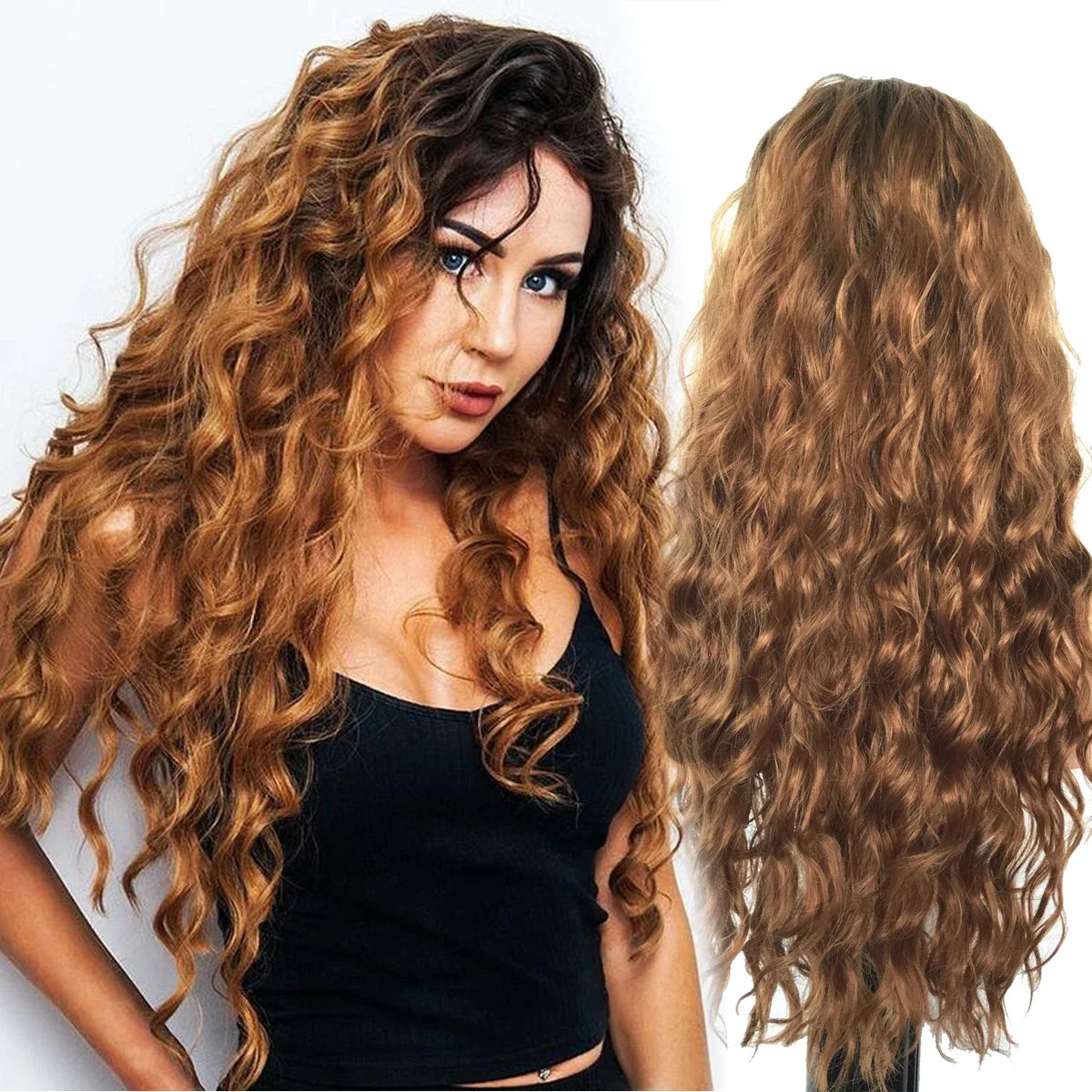 Synthetic 26 Inch Ginger Brown Curly Wig Long Wavy Wigs for Women Ombre Brown Dark Roots Fluffy Wave Hairstyle for Student Girl