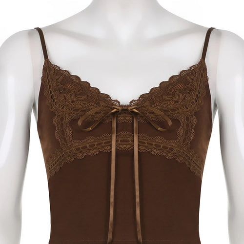 Load image into Gallery viewer, Y2K Retro Fashion Lace Patchwork Brown Crop Top Grunge Fairycore Strap Bow Camisole Slim Basic Summer Women Tops Cute
