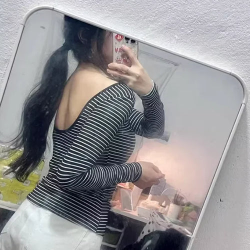 Load image into Gallery viewer, Striped Backless Slim Casual T-shirt Women Sexy Y2k Aesthetic Vintage Tshirts All Match Streetwear Long Sleeve Crop Tee Shirts
