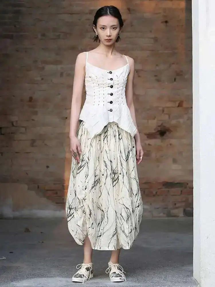 High Elastic Waist Apricot Pattern Printed Long Vintage Half-body Skirt Women Fashion Tide New Spring Autumn 2025 1DF7968