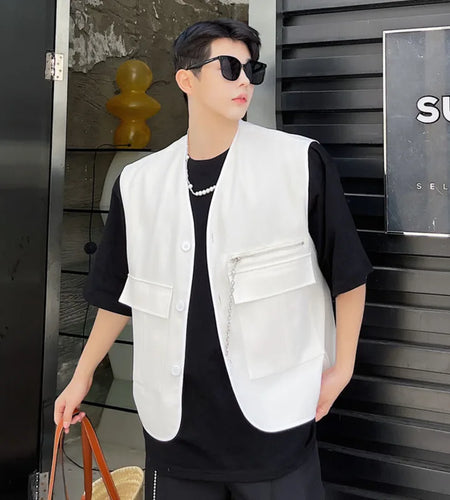 Spirng Men's Vest Coat  Korean Fashionable Sleeveless Design Multi Pockets Zippers Stylish Male Clothing 9W1580