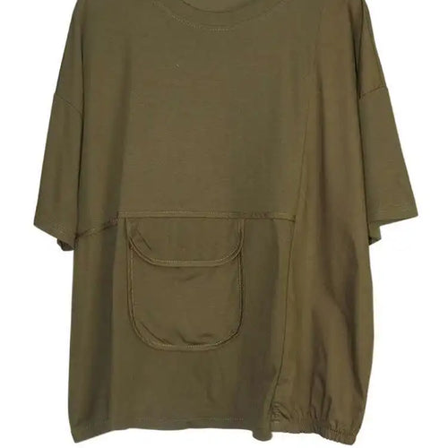 Load image into Gallery viewer, Women Black Pocket Irregular Spliced Big Size T-shirt New Round Neck Short Sleeve Fashion Tide Spring Summer 2025 1DJ0621
