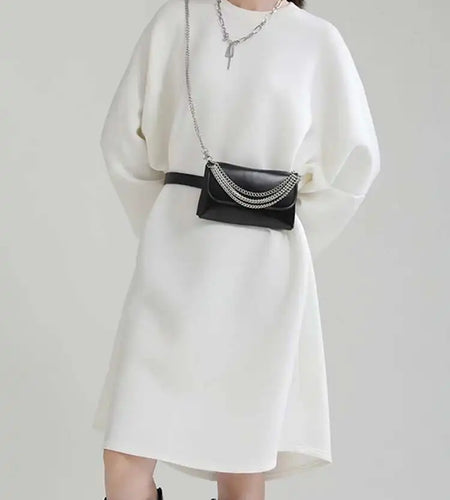 Women White Big Size Shaped Long Dress New Round Neck Long Sleeve Loose Fit Fashion Tide Spring Autumn 2025 1DE4098