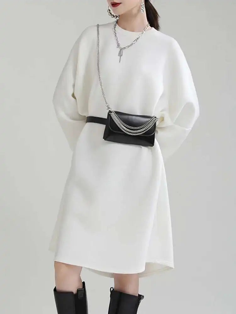 Women White Big Size Shaped Long Dress New Round Neck Long Sleeve Loose Fit Fashion Tide Spring Autumn 2025 1DE4098