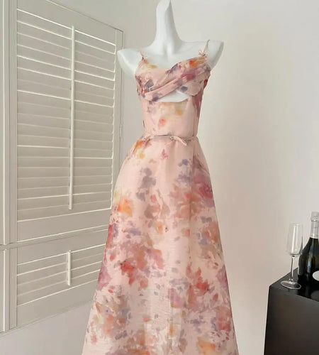 Summer Vintage Blue Pink Floral Hollow Out Party Long Dress For Women V Neck Elegant Vacation Backless Dresses 2025 Bohemian New