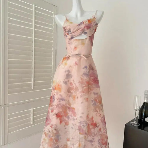 Load image into Gallery viewer, Summer Vintage Blue Pink Floral Hollow Out Party Long Dress For Women V Neck Elegant Vacation Backless Dresses 2025 Bohemian New
