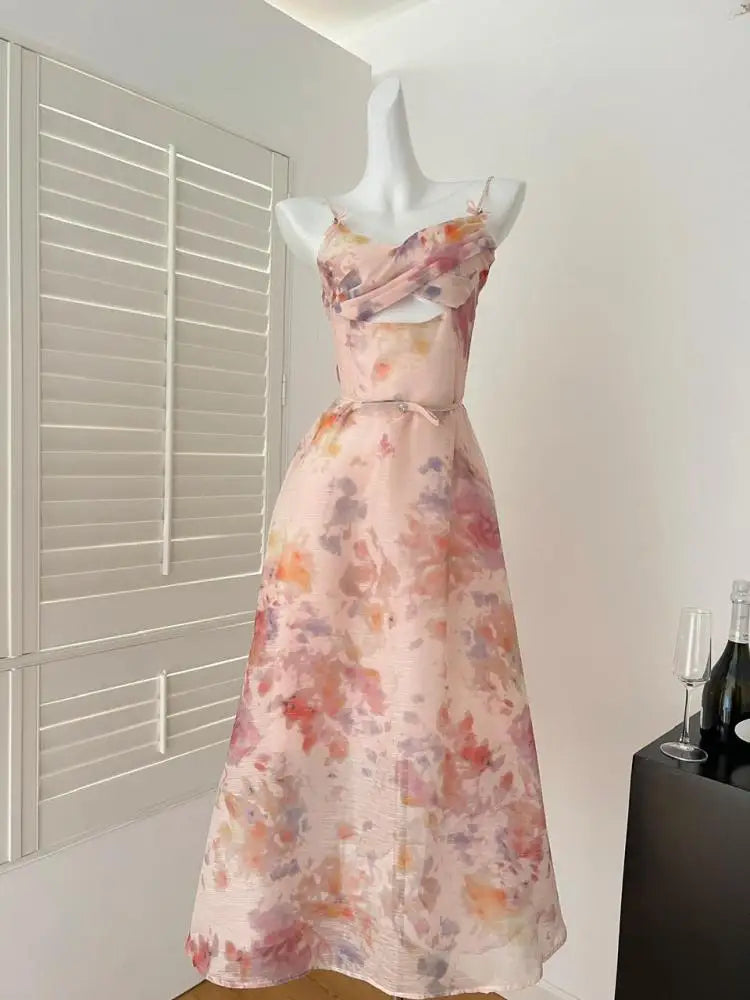 Summer Vintage Blue Pink Floral Hollow Out Party Long Dress For Women V Neck Elegant Vacation Backless Dresses 2025 Bohemian New