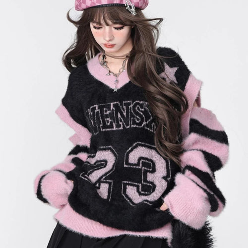 Load image into Gallery viewer, Hollow Out Harajuku Grunge Letter Jacquard Pullovers Streetwear Vintage Patchwork Jumpers Women Y2k Aesthetic Casual Sweaters
