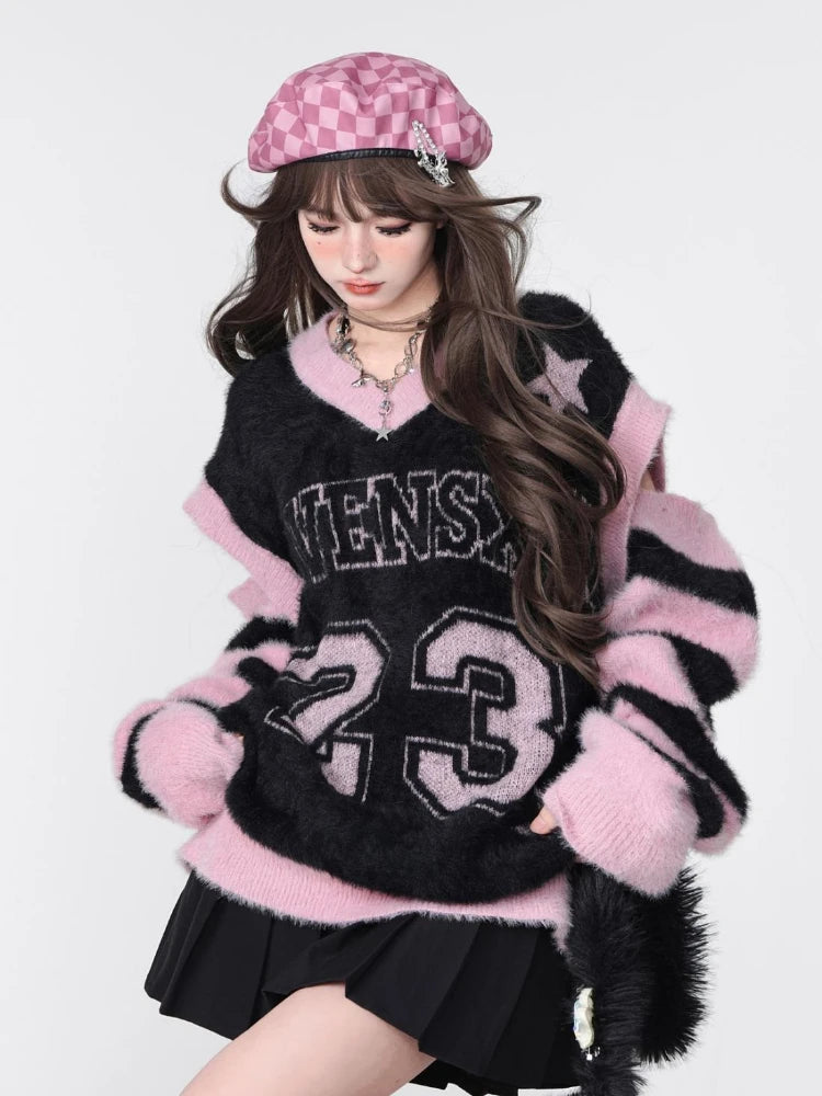 Hollow Out Harajuku Grunge Letter Jacquard Pullovers Streetwear Vintage Patchwork Jumpers Women Y2k Aesthetic Casual Sweaters