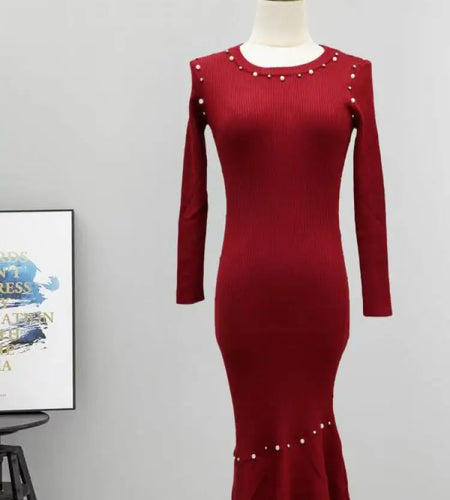 Vintage Women's Autumn Winter Solid Pearl Temperament Long Sleeved Knit Dress French Round Neck Festival Fashion Fishtail Dress