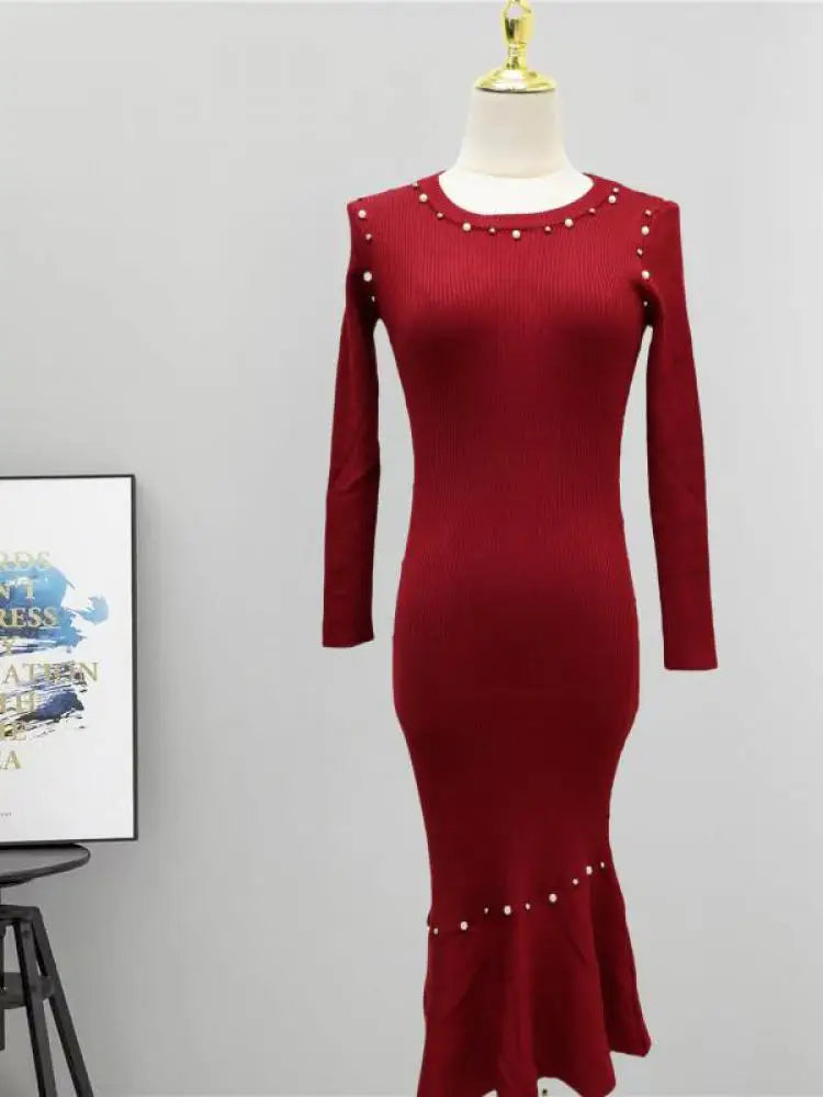 Vintage Women's Autumn Winter Solid Pearl Temperament Long Sleeved Knit Dress French Round Neck Festival Fashion Fishtail Dress