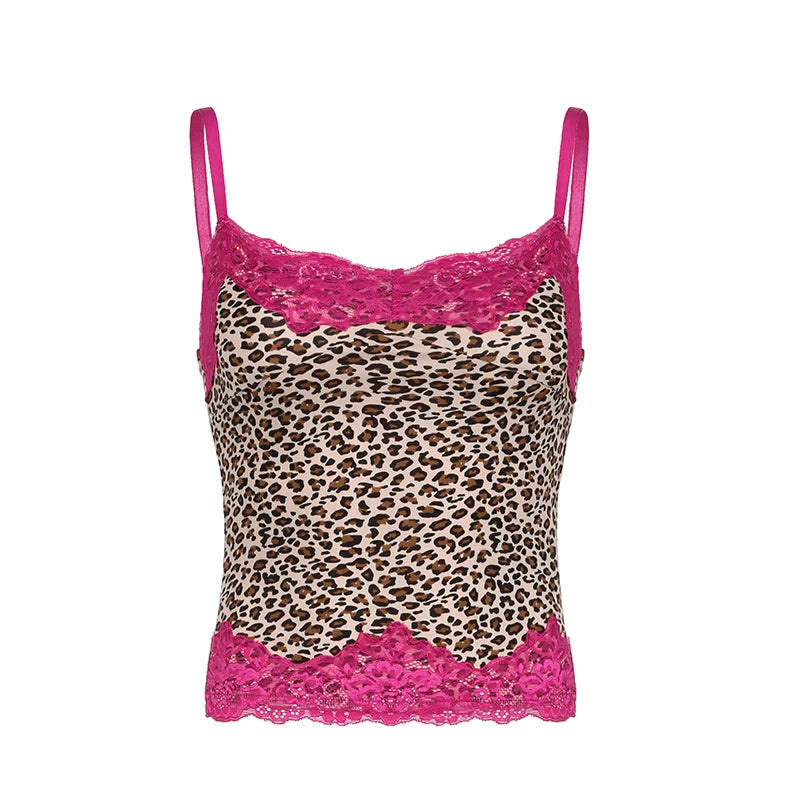 Strap Vintage Leopard Top Camis Y2K Aesthetic Lace Spliced Slim Fashion Sexy Tops Contrast 2000s Summer Cropped Cute
