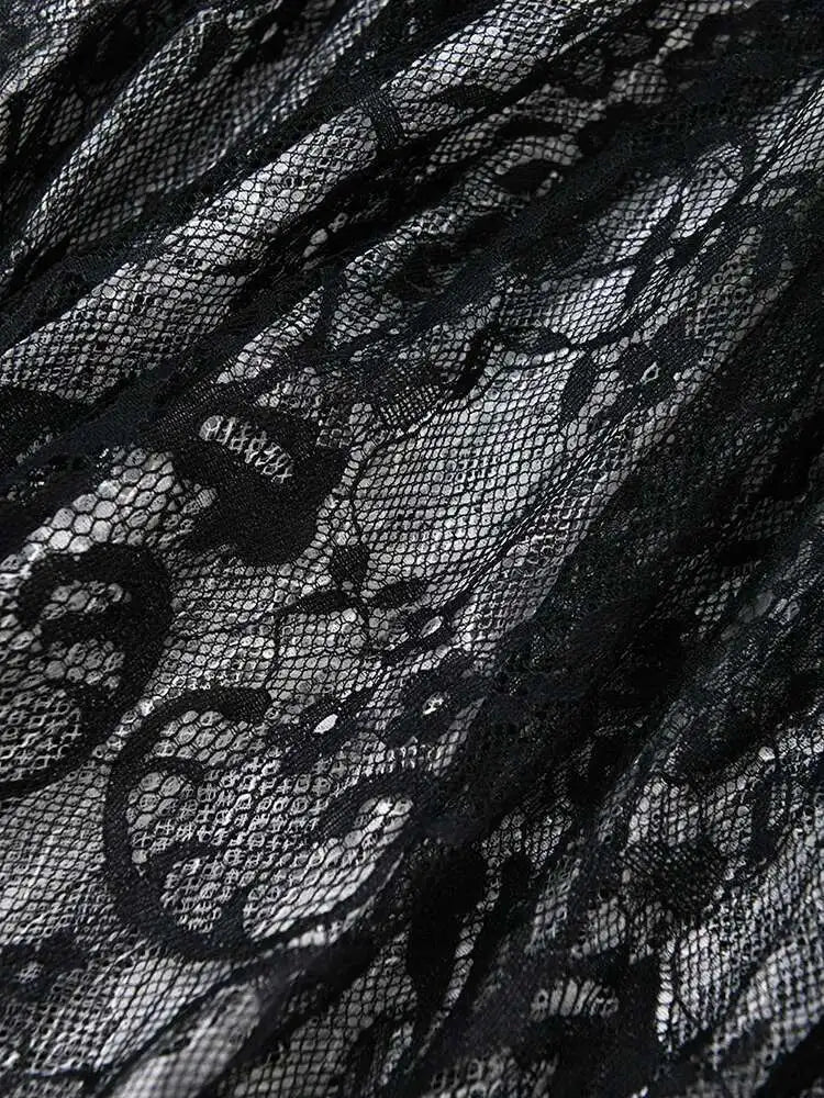 Women Black Lace Pleated Big Size Shirt Dress New Lapel Half Sleeve Loose Fit Fashion Tide Spring Summer 2025  1DF8749