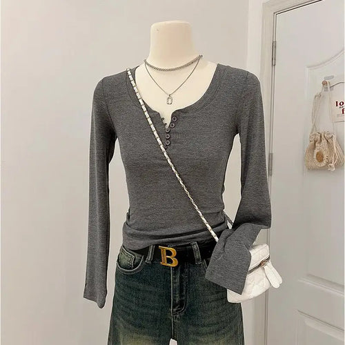 Load image into Gallery viewer, 2024 Autumn Women Gray Button Long Sleeve T Shirt Korean Style Casual Vintage Pink Slim O Neck Beige Pullover Tops Fashion Trend
