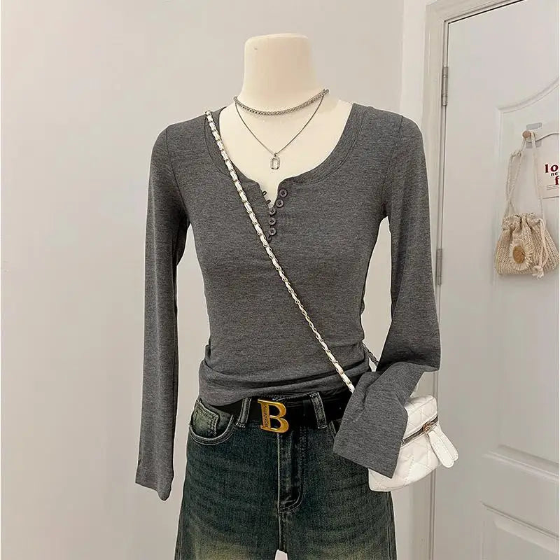 2024 Autumn Women Gray Button Long Sleeve T Shirt Korean Style Casual Vintage Pink Slim O Neck Beige Pullover Tops Fashion Trend