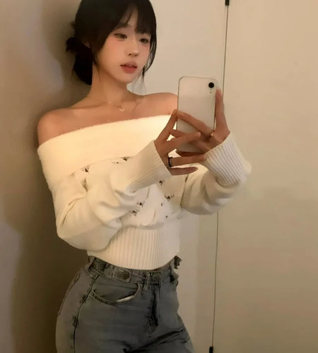 Y2k Aesthetic Solid Sexy Off Shoulder Pullover Women Vintage Harajuku Hole Knitted Jumper Fairy Grunge Slim Fit Crop Sweater