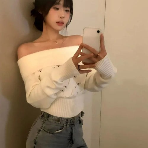 Load image into Gallery viewer, Y2k Aesthetic Solid Sexy Off Shoulder Pullover Women Vintage Harajuku Hole Knitted Jumper Fairy Grunge Slim Fit Crop Sweater
