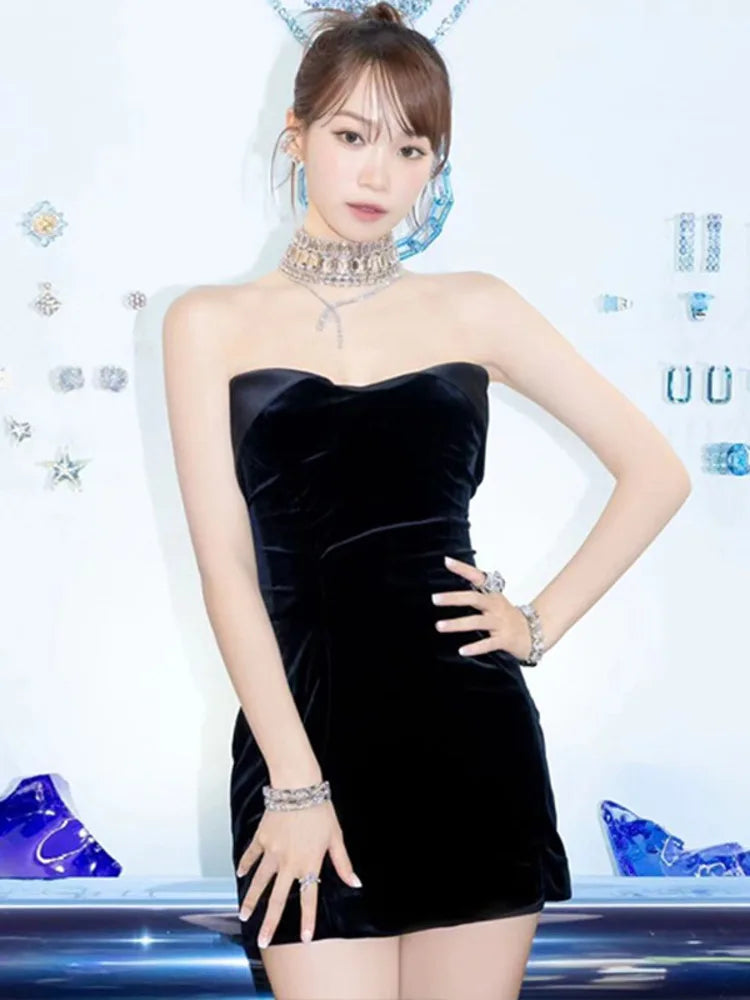 Velvet Off-shoulder Strapless Sexy Mini Dress For Women Robe Fashion Backless Sleeveless Club Party Dress Elegant