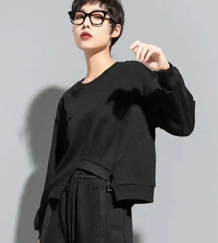 Loose Fit Black Irregular Sweatshirt New Round Neck Long Sleeve Women Big Size Fashion Tide Spring Autumn 2025 1DF1321