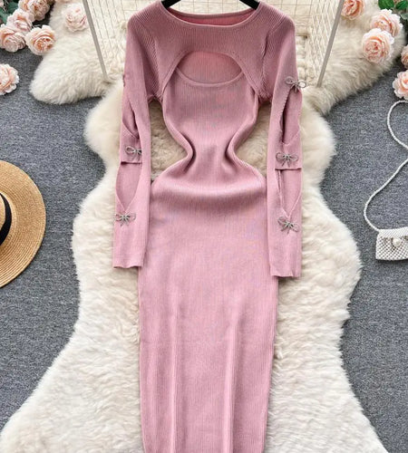 Women Retro Chic Elegant Bow Hollow Long Sleeve Bodycon Dress Sexy Fashion Knit Slim Hip Wrap Sweater Dress Vestidos Autumn New
