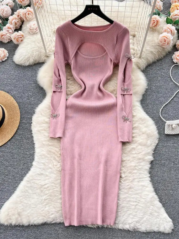 Women Retro Chic Elegant Bow Hollow Long Sleeve Bodycon Dress Sexy Fashion Knit Slim Hip Wrap Sweater Dress Vestidos Autumn New