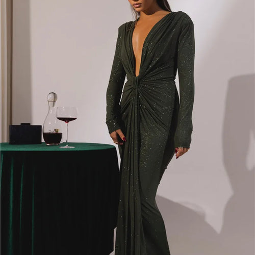 Load image into Gallery viewer, Glitter Deep V Neck Sexy Maxi Dress For Women Elegant Sparkle Long Sleeve Ruched Bodycon Split Club Party Sexy Dress
