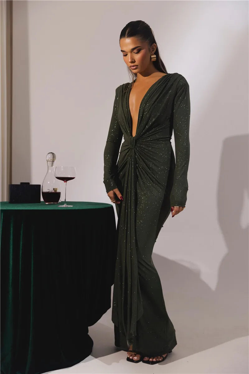 Glitter Deep V Neck Sexy Maxi Dress For Women Elegant Sparkle Long Sleeve Ruched Bodycon Split Club Party Sexy Dress