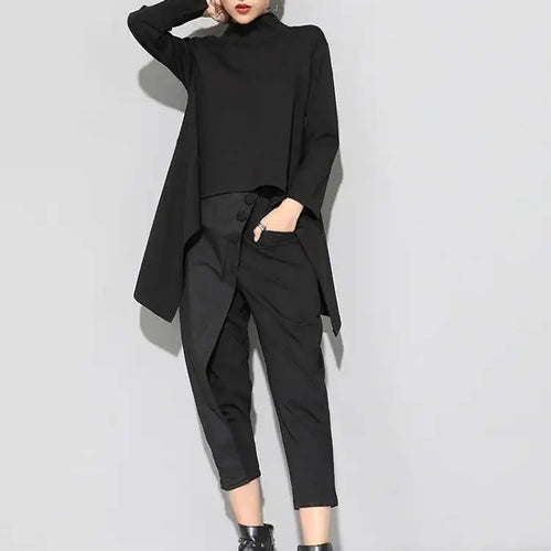 Load image into Gallery viewer, Women Black Irregular Hem Back Long Casual T-shirt New Turtleneck Long Sleeve Fashion Tide Spring Autumn 2025 1DF4653
