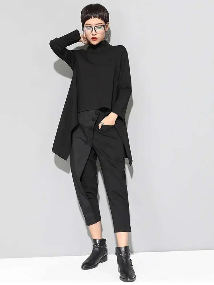 Women Black Irregular Hem Back Long Casual T-shirt New Turtleneck Long Sleeve Fashion Tide Spring Autumn 2025 1DF4653
