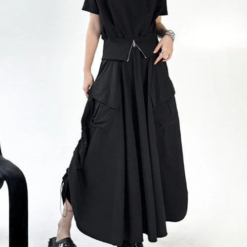 Load image into Gallery viewer, High Elastic Waist Black Pocket Pleated Drawstring A-line Half-body Skirt Women Fashion New Spring Autumn 2025 1DJ1169
