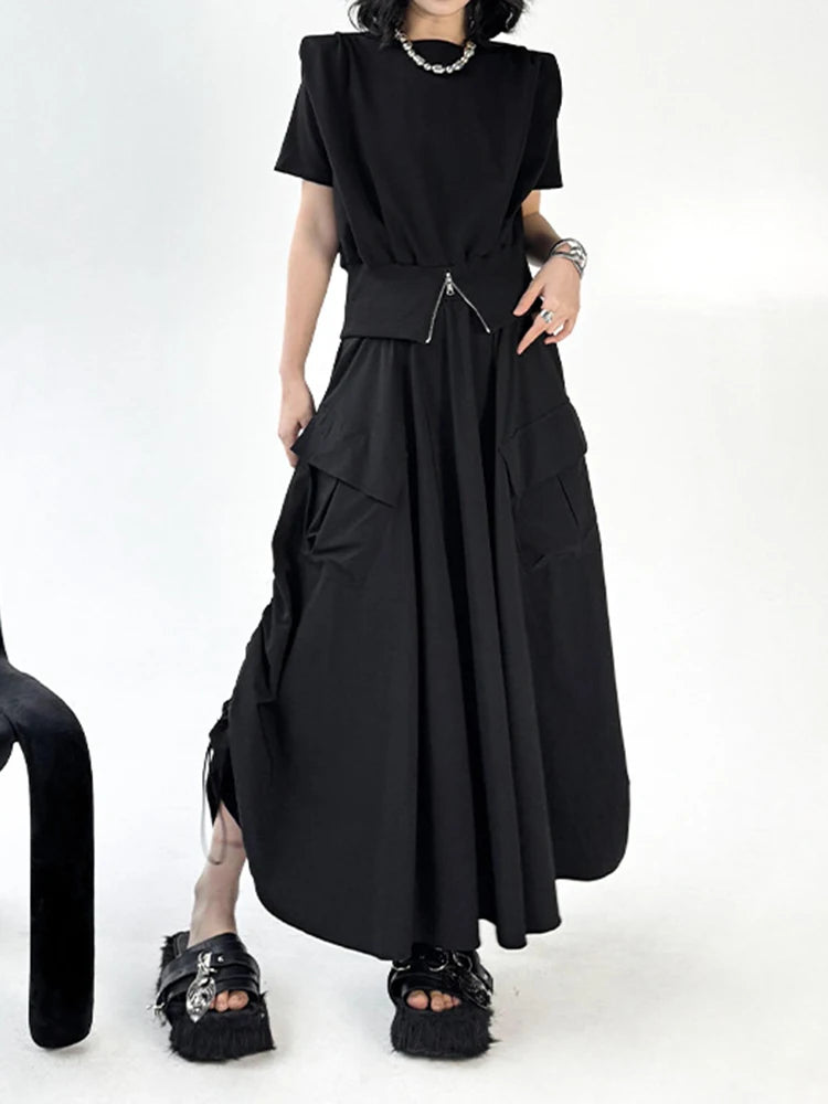 High Elastic Waist Black Pocket Pleated Drawstring A-line Half-body Skirt Women Fashion New Spring Autumn 2025 1DJ1169