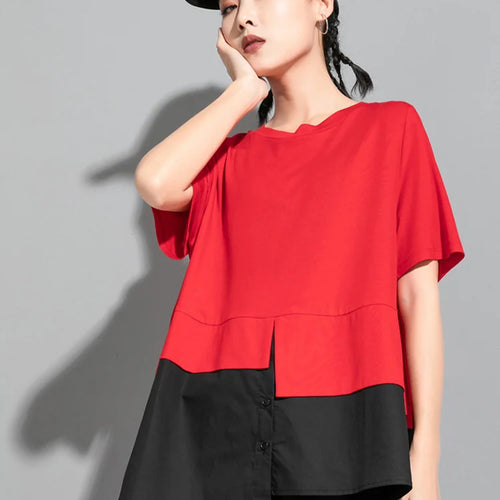 Load image into Gallery viewer, Women Red Color-block Irregular Big Size T-shirt New Round Neck Short Sleeve Fashion Tide Spring Summer  2025 1DF5310
