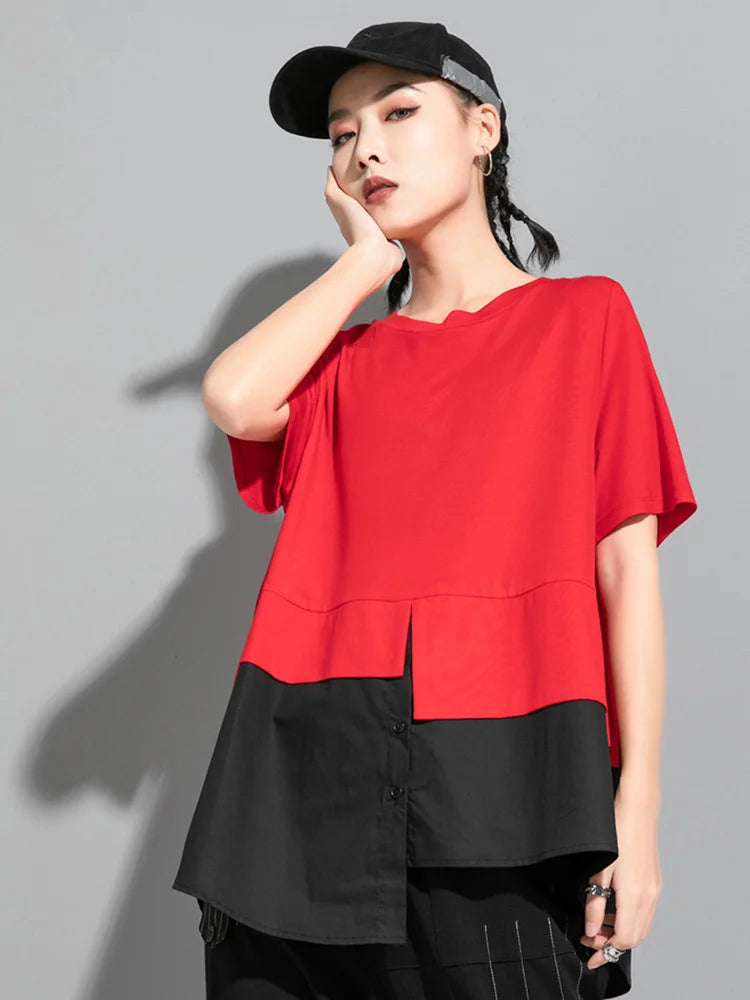 Women Red Color-block Irregular Big Size T-shirt New Round Neck Short Sleeve Fashion Tide Spring Summer  2025 1DF5310