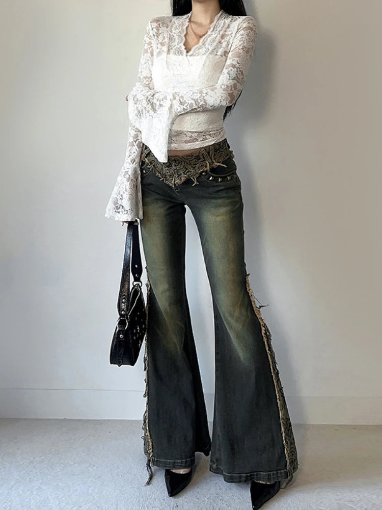 Lace Embroidery Flower Bodycon Shirts Spring Women Y2k Aesthetic Flare Sleeve Vintage T-shirt Grunge Sexy Cropped Fairy Tops