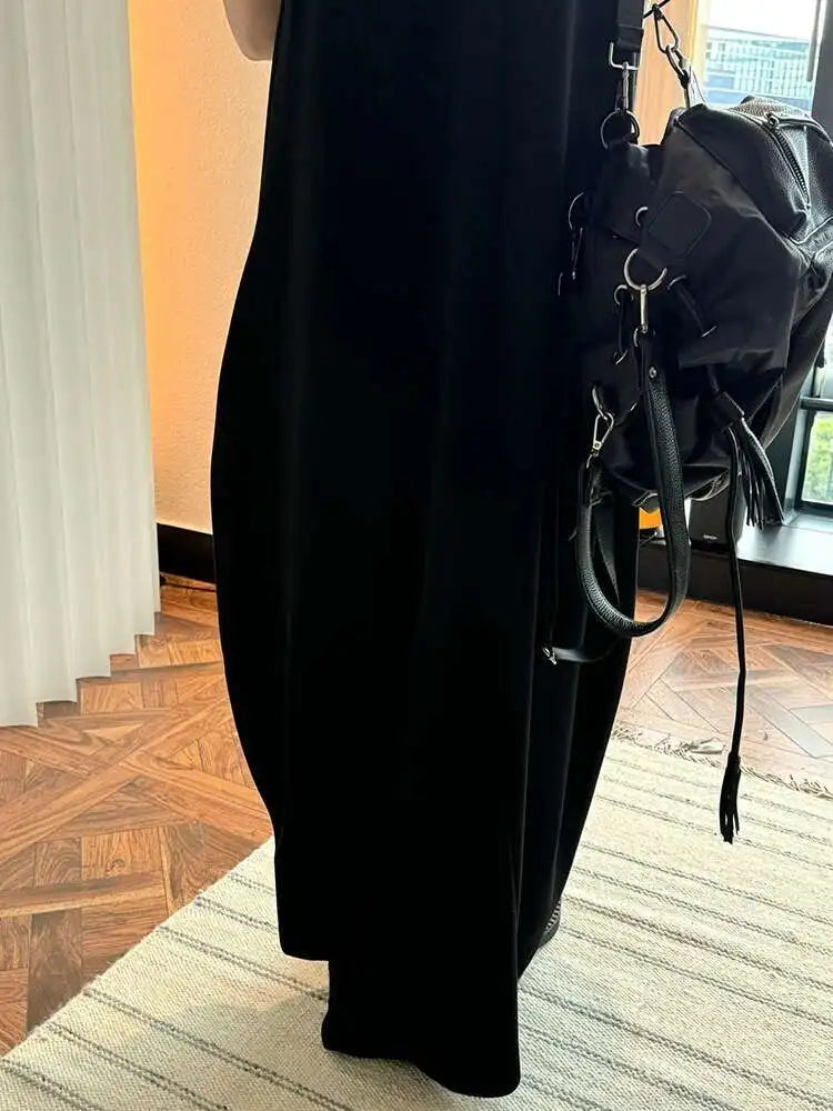 Women Black Brief Irregular Shaped Pocket Long Elegant Dress New V-Neck Sleeveless Fashion Tide Spring Autumn 2025 1DH9419