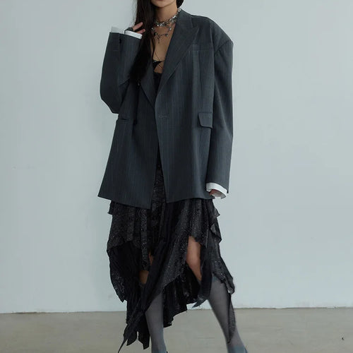 Load image into Gallery viewer, Women Gray Striped Shaped Big Size Elegant Blazer New Lapel Long Sleeve Jacket Fashion Tide Spring Autumn 2025 1DH7077
