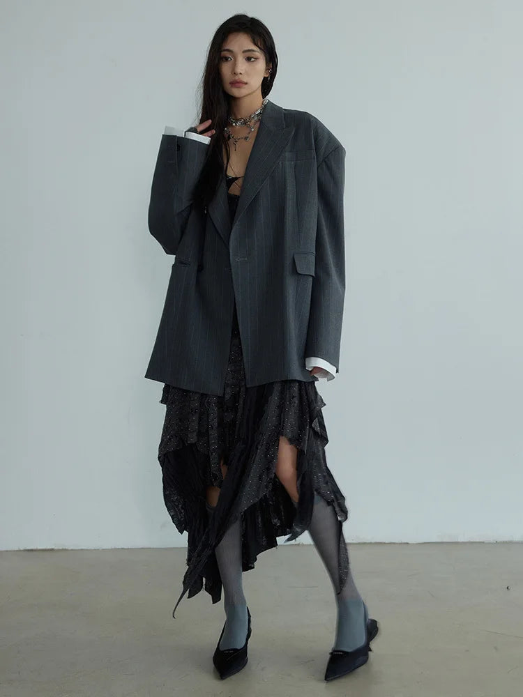 Women Gray Striped Shaped Big Size Elegant Blazer New Lapel Long Sleeve Jacket Fashion Tide Spring Autumn 2025 1DH7077