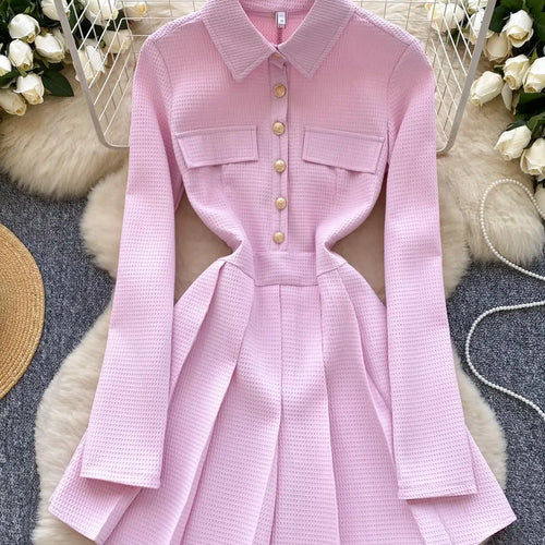 Load image into Gallery viewer, Spring Autumn 2025 New Women Fashion Black White Elegant Long Sleeved Short Dress Vintage Pink Single Breasted Party Dress Trend
