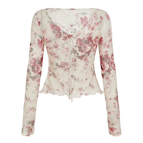 Load image into Gallery viewer, Fairy Grunge Top y2k Women Retro Floral Print Tie-up Front V Neck Long Sleeve Ruffle T Shirt 2000s Clothing Streetwear
