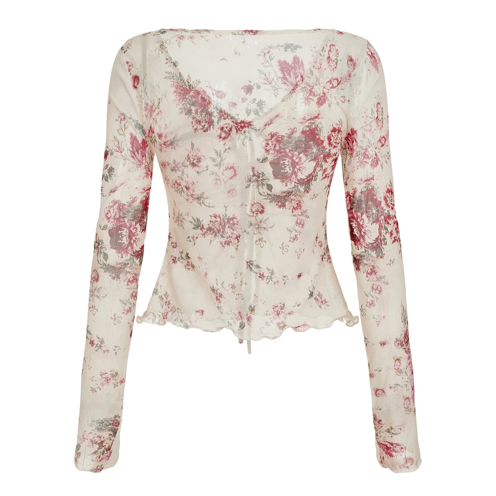 Fairy Grunge Top y2k Women Retro Floral Print Tie-up Front V Neck Long Sleeve Ruffle T Shirt 2000s Clothing Streetwear