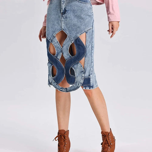 Load image into Gallery viewer, Colorblock Casual Denim Skirts For Women High Waist Spliced Button Hollow Out Streetwear A Line Skirt Female Fashion Style
