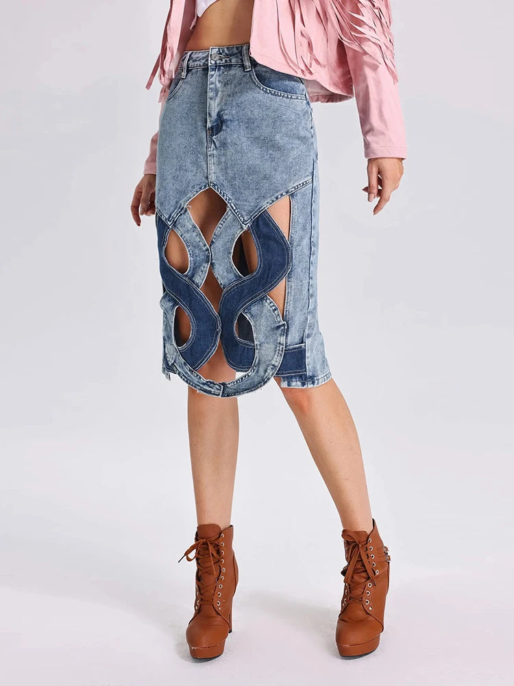 Colorblock Casual Denim Skirts For Women High Waist Spliced Button Hollow Out Streetwear A Line Skirt Female Fashion Style